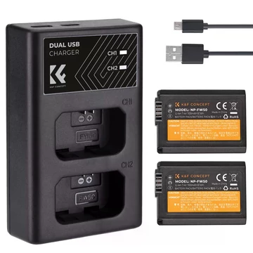 K&F Concept hordozható dupla USB-C akkumulátor BC-TRW töltő + 2db FW50 akkumulátor 1100mAh