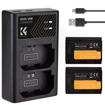 K&F Concept hordozható dupla USB-C akkumulátor BC-QZ1 töltő + 2db FZ100 akkumulátor 2280mAh