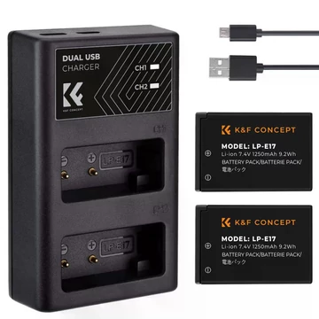 K&F Concept hordozható dupla USB-C akkumulátor LC-E17 töltő + 2db LP-E17 akkumulátor 1250mAh