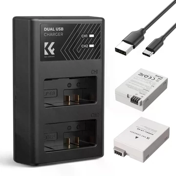 K&F Concept hordozható dupla USB-C akkumulátor LC-E12E töltő + 2db LP-E8 akkumulátor 1250mAh