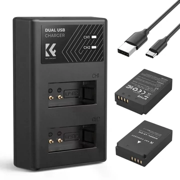 K&F Concept hordozható dupla USB-C akkumulátor LC-E12 töltő + 2db LP-E12 akkumulátor 1100mAh