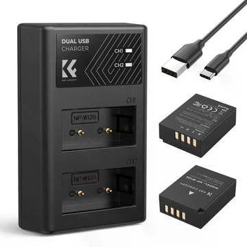 K&F Concept hordozható dupla USB-C akkumulátor BC-W126 töltő + 2db NP-W126 akkumulátor 1300mAh