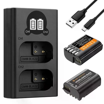 K&F Concept hordozható dupla USB-C akkumulátor DMW-BLK22 töltő + 2db DMW-BLK22 akkumulátor 2400mAh