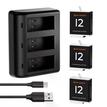 K&F Concept hordozható tripla USB-C akkumulátor töltő +3db GoPro Hero 12/11/10/9 akkumulátor 1730mAh