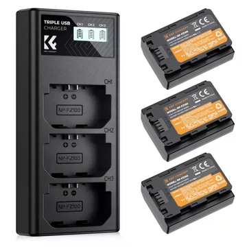 K&F Concept hordozható tripla USB-C akkumulátor BC-QZ1 töltő, LCD + 3db FZ100 akkumulátor 2280mAh