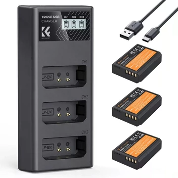 K&F Concept hordozható tripla USB-C akkumulátor LC-E10 töltő, LCD + 3db LP-E10 akkumulátor 1200mAh