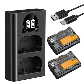 K&F Concept hordozható tripla USB-C akkumulátor LC-E6P töltő, LCD + 3db LP-E6P akkumulátor 2250mAh
