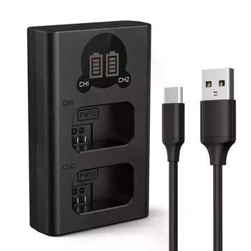 K&F Concept hordozható dupla BC-TRW akkumulátor töltő, LCD, USB-C, 2db FW50 akkumulátorhoz