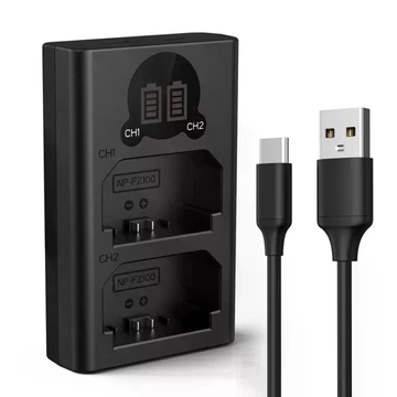 K&F Concept hordozható dupla BC-QZ1 akkumulátor töltő, LCD, USB-C, 2db FZ100 akkumulátorhoz