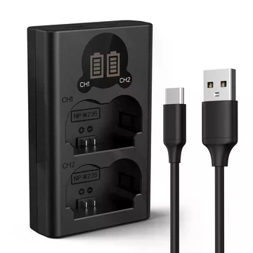 K&F Concept hordozható dupla NP-W235 akkumulátor töltő, LCD, USB-C, 2db NP-W235 akkumulátorhoz