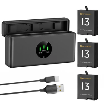 K&F Concept hordozható tripla USB-C akkumulátor töltő, LCD +3db GoPro Hero 13 akkumulátor 2100mAh