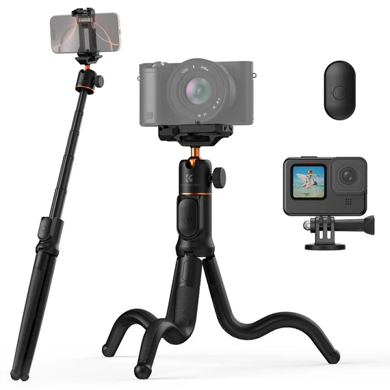 K&F Concept MS-29 hajlítható lábú állvány, selfie bot, Gopro és telefon adapter, bluetooth kioldó