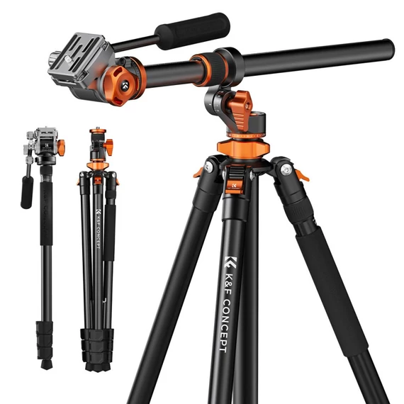 K&F Concept T254A7 + FH-03 videó állvány + monopod, elforgatható középoszloppal, fekete-narancssárga