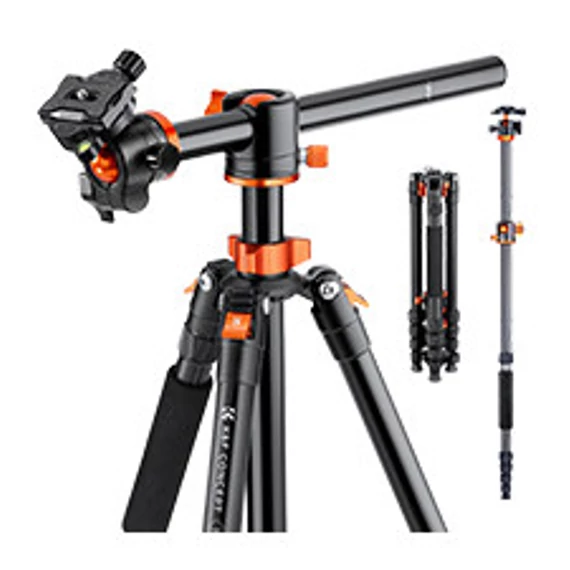 K&F Concept T255A3 + BH-28L állvány + monopod, elforgatható középoszloppal, fekete-narancssárga