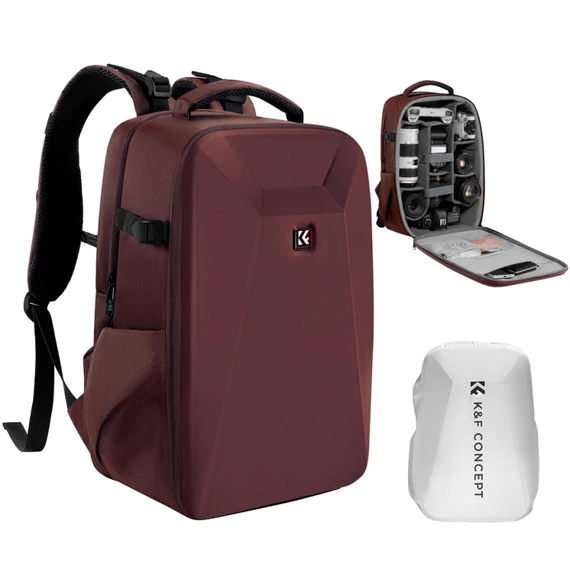K&F Concept hardshell professzionális kamera hátizsák, 22L, 15.6 laptop zseb, bordó