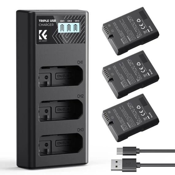 K&F Concept hordozható tripla USB-C akkumulátor MH-24 töltő, LCD + 3db EN-EL14 akkumulátor 1050mAh