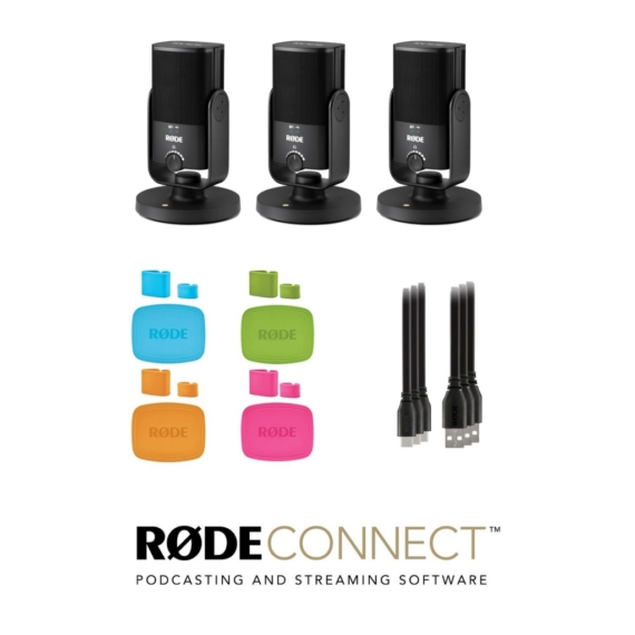 Rode NT-USB Mini Podcast szett 3 mikrofonnal, USB-A kábellel és mikrofon/kábeljelölőkkel