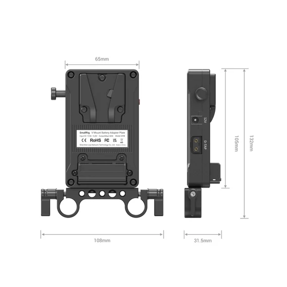 SmallRig 3498 V Mount Battery Adapter Plate (Basic version) with Dual Rod Clamp